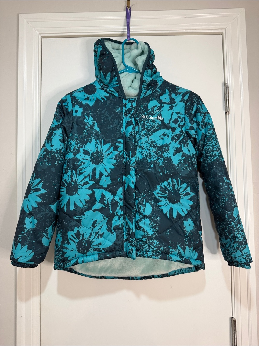 Columbia Teal Floral Hooded Puffer Jacket